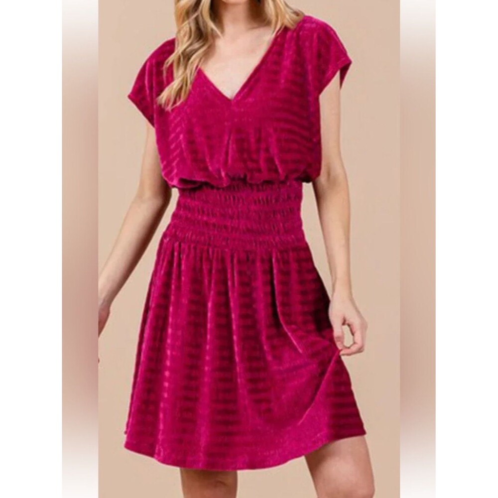 Ces Femme Fuchsia V-Neck Smocked-Waist Mini Dress sz SMALL